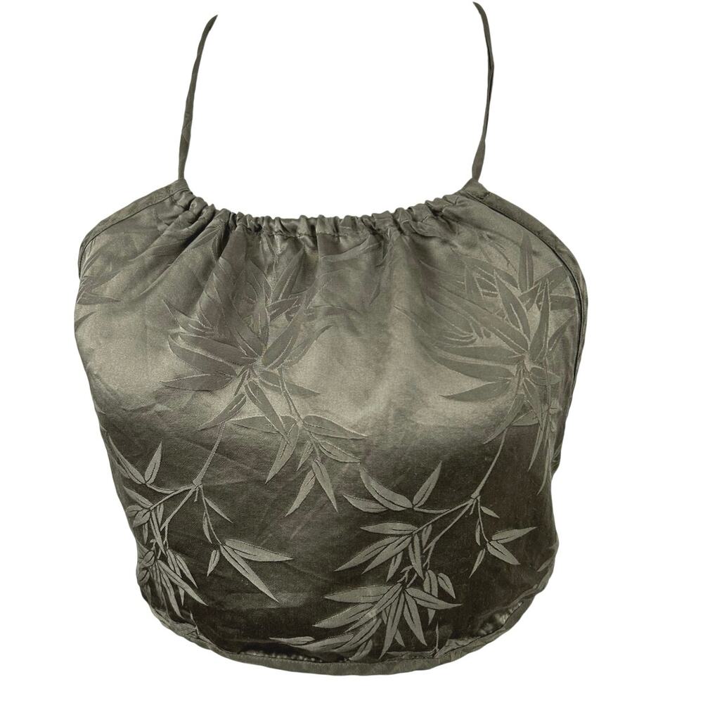 Victoria’s Secret Silk Halter Top Y2K Olive Green Crop Tie Back Boho L